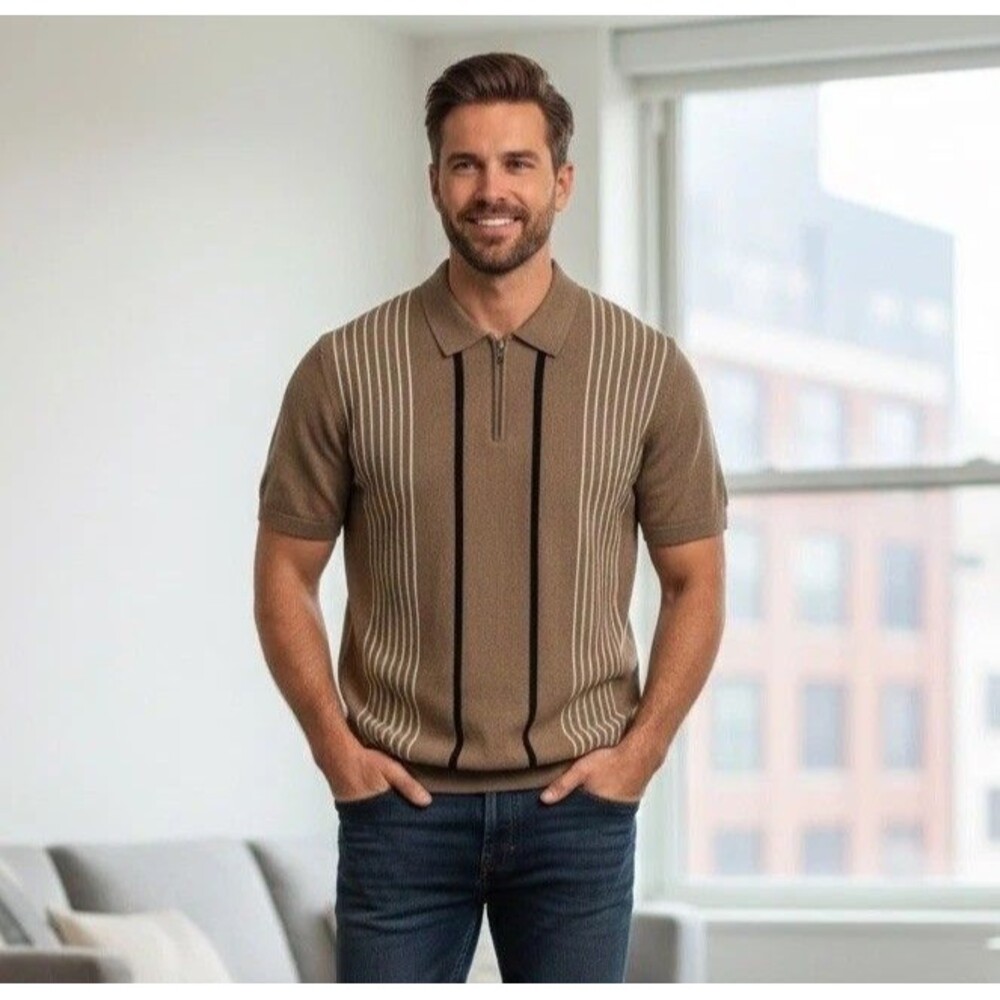 Express Sweater Knit Stripe Quarter Zip Polo Short Sleeve Men’s L Retro Brown